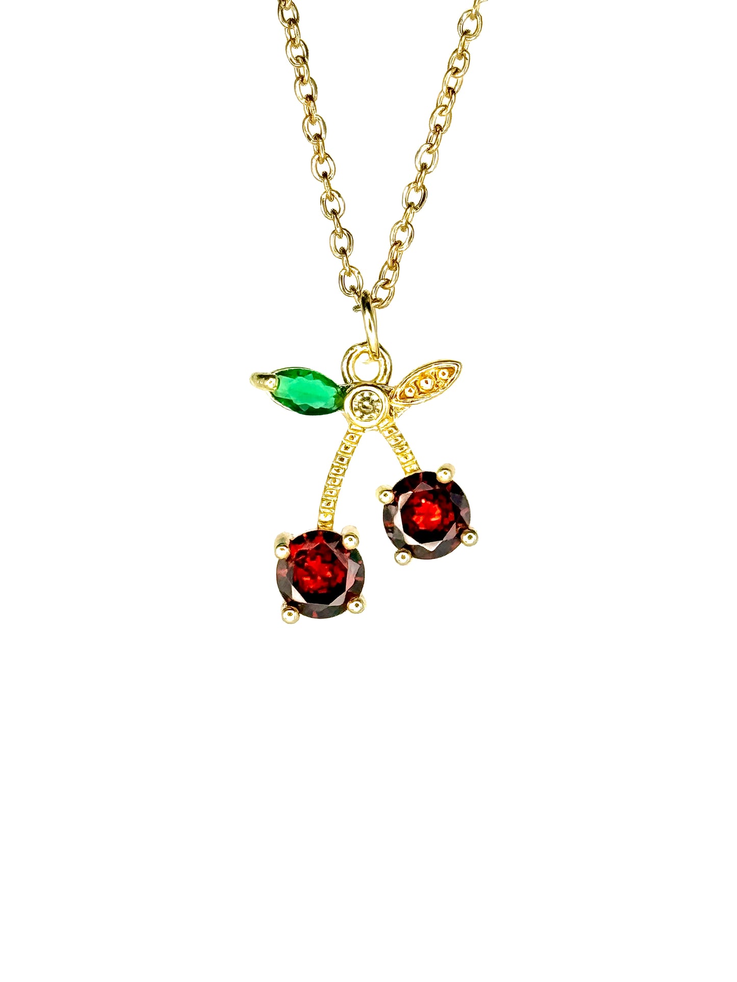 Collier fin Cherry rouge à pétales vertes et dorées et avec strass