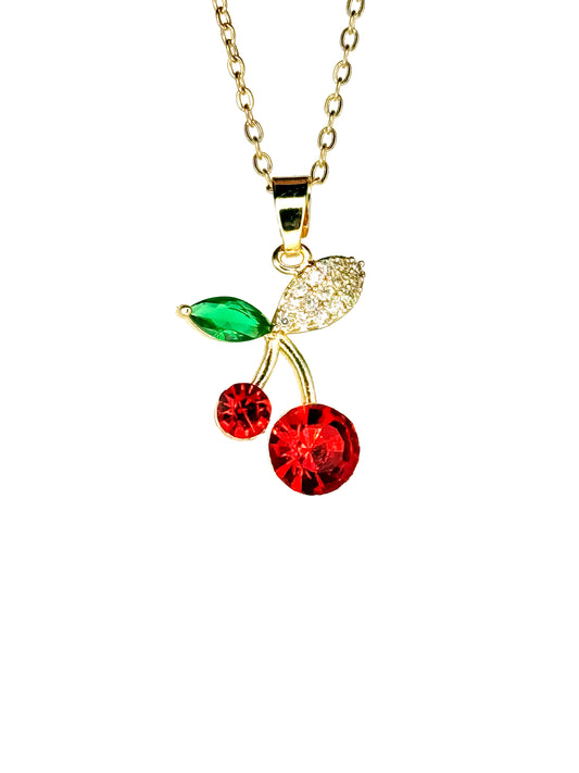 Collier Cherry Rouge à Pétales Vertes & Dorées avec Strass