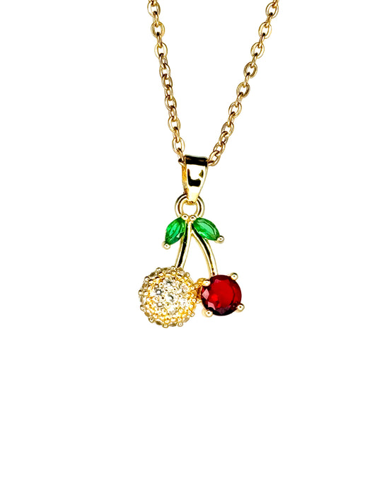 Collier Cherry rouge et doré à pétales vertes