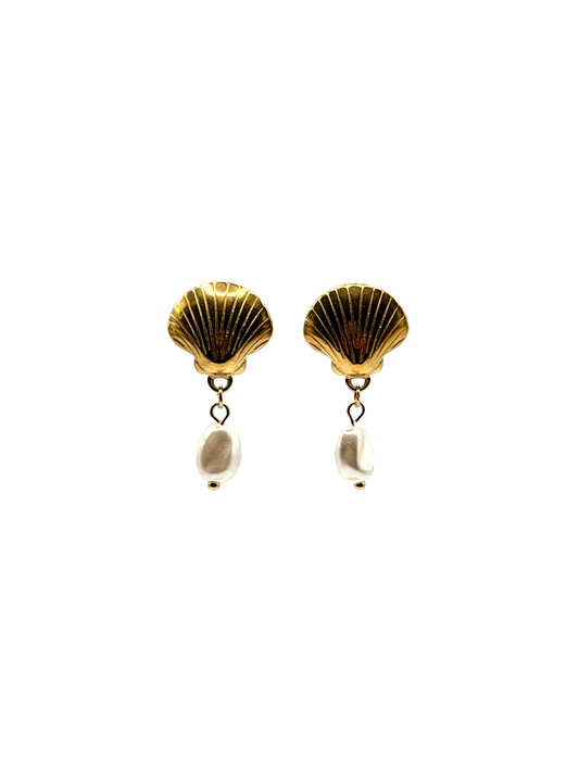 Boucles d'oreilles Coquillage Doré avec Perle Blanche